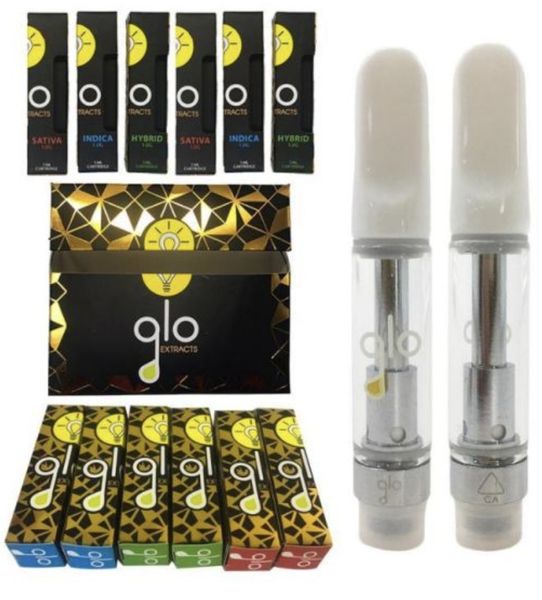 Glo Extracts E-Cigarette 0,8 ml 1,0 ml Bobine en céramique Cartouche vide Emballage du chariot Dernier atomiseur Plusieurs souches avec nouveau stylo vape design