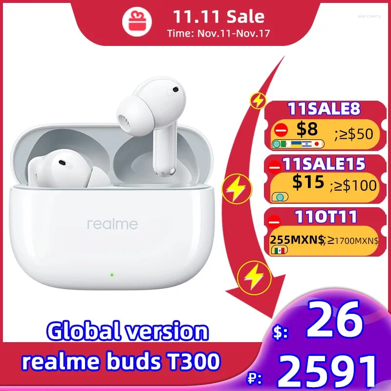 Global Version Realme Buds T300 Echte draadloze oortelefoon 30dB Actieve ruisonderdrukking Bluetooth 5.3 TWS 40 uur batterij
