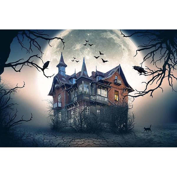 Fondo para fiesta de Halloween de noche sombría, luna llena, casa impresa, árboles, ramas, cuervos, escenario para niños, fondo para fotomatón