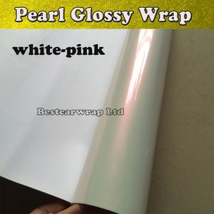 Pearl glanzende witte roze auto-wikkel met luchtbel gratis gossy glanzende parel wit roze auto wrap folie covers stickers 1.52*20m/roll