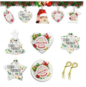 Adornos navideños de cerámica con impresión por sublimación de tinte en blanco personalizado, decoraciones colgantes de 3 