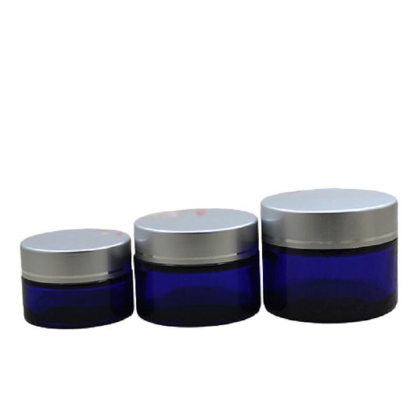 Bouteille en verre bleu brillant couvercle argenté mat avec ligne pots vides de crème solaire pour soins de la peau pots d'émulsion cosmétiques portables récipient d'emballage de crème pour les yeux 20g 30g 50g