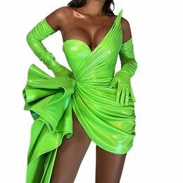 Glanzende groen lederen kort prom dres zonder handschoenen sexy mini lengte gegolfd lederen formeel feest dr. Eventjurk aangepast x4kz#