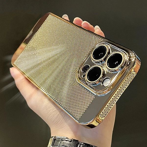 Coque arrière rigide plaquée brillante pour iPhone, compatible modèles 15, 14, 13, 12, 11 Pro Max, 14Plus, avec Film de Protection d'objectif, grille