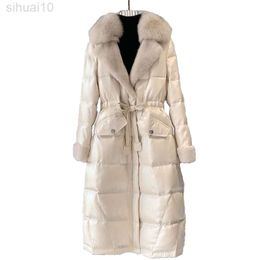 Brillant Pu longs manteaux femmes hiver fourrure col ceinture à manches longues lâche chaud élégant dame pardessus Chic Outwear N74 L220730