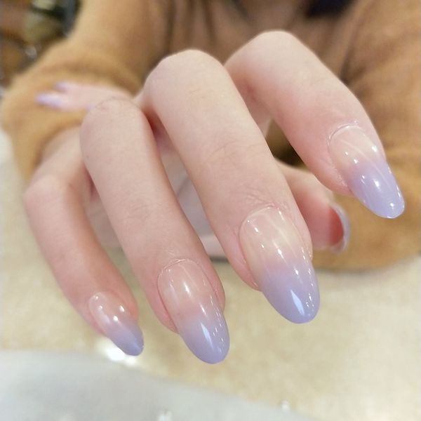 Faux ongles violets brillants ombrés, longs à pression sur la pointe, ovales, couverture complète, en acrylique, pour femmes et filles, 24 pièces