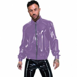 Glossy Wetlook Veste Men PVC LG GOEVE TOPS HIGH COUL FRT ZIP Coat Clubwear Street Leather Jacket Casual plus taille C6CO #