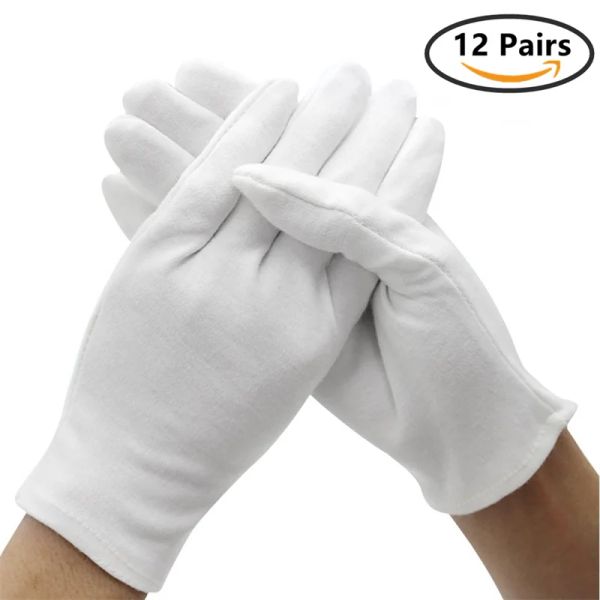 Guantes de guantes 12 Pagos Cotton White Work Guantes para manos secas Manejo ceremonial Joyas Joyas Inspección de plata