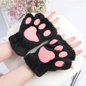 Gants adultes licou patte de chat hiver filles en peluche demi-doigt écriture cyclisme gants chauds pour les doigts gants en polaire épaissie