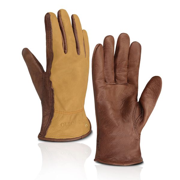 Gants gants de travail en cuir de cuir de vache marron, gants de travail de jardin lourds pour le jardinage