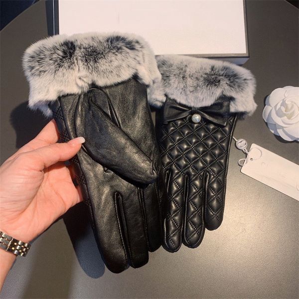 Guantes Diseñador Mujer Invierno Mate Piel Mitones Dedos Guantes de cuero Pantalla táctil Ciclismo Cálido Señora Fmale Guantes de piel de oveja Tamaño M L