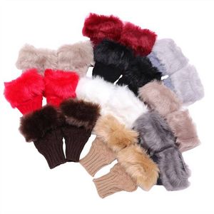 Gants Mitaines en fausse fourrure de lapin hiver tricoté longueur de bras plus chaud extérieur solide gants sans doigts gants chauffe-bras gant semi-doigt D6460