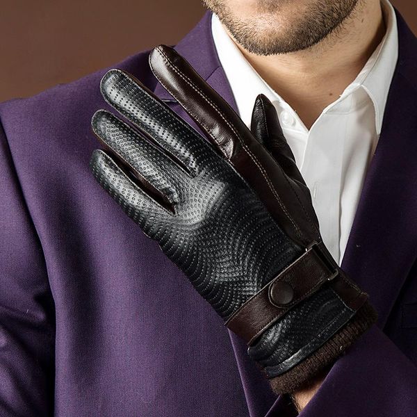 Guantes de guantes Guantes sin dedo 2022 Autumn and Winter Fashion's Genuine Leather Goatskin Button Black Plus Velvet cálido