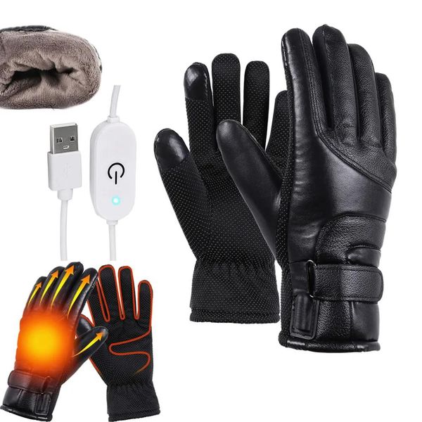 Guantes Guantes de cinco dedos 12V Calefacción eléctrica Guantes de motocicleta Guantes calefactables de cuero PU Impermeable A prueba de viento Cálido Invierno Esquí Protec