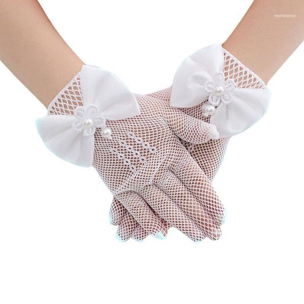 Guantes Niñas Lovely Mesh Princess Lace Vestido corto Bow-knot Etiqueta Longitud de la muñeca Blanco, 1 par1