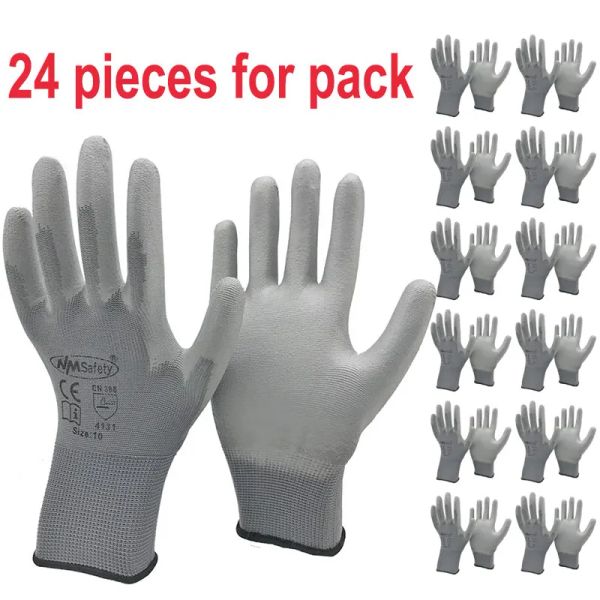 Gants nmsafety de haute qualité 24 pièces / 12 paires gants de travail avec du revêtement de paume en caoutchouc PU Gant de protection de la sécurité