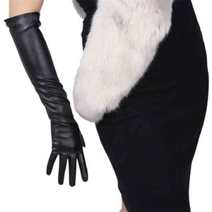 Gants Sexy léopard écran tactile gants hiver femmes PU noir 50 cm de Long Simulation cuir mince doigt complet chaud conduite mitaines K52