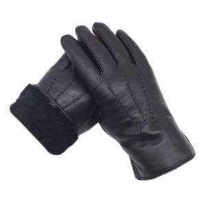 Gants hiver hommes en cuir de mouton gants en coton épais noir vraie laine mode, chaud, conduite, cyclisme, sport, haut de gamme blac H1022