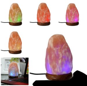 Nachtverlichting Glow Hand Gesneden Natuurlijke Crystal Himalaya Zoutlamp met echte NEEM Houten basis, Multicolor LED-lamp en USB-stekker