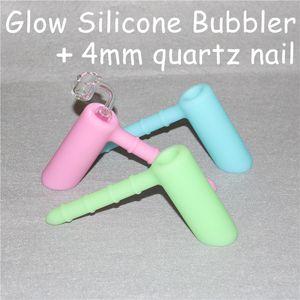 Glow in dark Platine Guéri de Qualité Alimentaire Silicone Marteau Bubbler Tuyau Pipes Silicone Bong Dab Rig avec 4mm 18.8mm clous de quartz