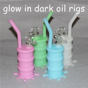 Glow in dark silicone oil dab rigs barboteurs avec bol en verre mâle transparent de 14 mm et tige en verre vers le bas