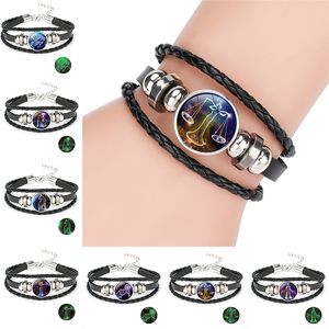 12 que brillan en la oscuridad, pulsera con signo del horóscopo, pulseras de cuero con múltiples capas, joyería luminosa a la moda para mujer