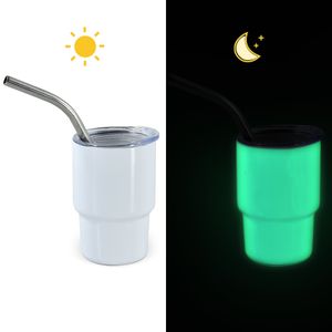 Glow in the Dark 3oz Sublimation Shot Glass Cup 90ML Gobelet à vin Double paroi en acier inoxydable Verre à liqueur sans vide avec couvercle et paille 12 couleurs