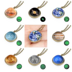 Glow in the Dark Double Side Glass Ball Necklace Earth Planet Pattern Persoonlijkheid Sieraden Zonnestelsel Galaxy Astronomy Hanger