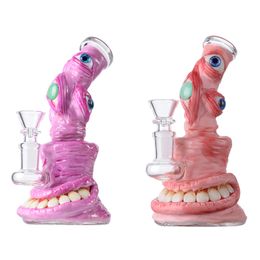 Glow In The Dark Halloween Style Narguilé Oeil Dents Octopus Uniqe Bongs En Verre 14mm Joint Femelle Huile Dab Rigs Pommeau De Douche Perc 4MM Épais Conduites D'eau Avec Bol