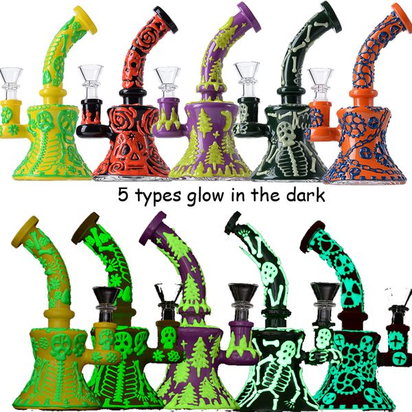 Glow In The Dark Hookahs 6 pouces uniques verre Bongs yeux dents conduites d'eau pomme de douche Perc Octopus huile Dab Rigs cire Rigs avec bol style Halloween