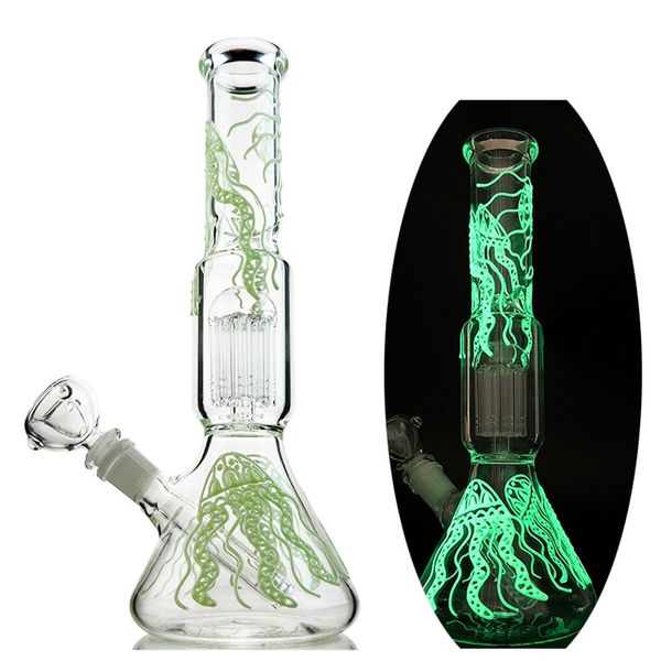 Glow In The Dark Jellyfish Hookahs 6 Bras Tree Perc Bongs Tuyau en Pyrex épais 11 pouces Type droit Bong Heady Glass Pipes à eau 18mm Joint Dab Rigs avec bol