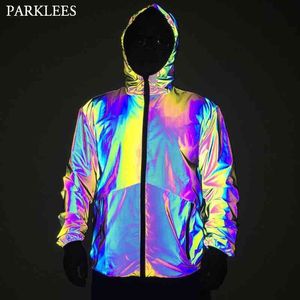 Glow Rainbow Reflective Noctilucent Chaqueta con capucha Hombres Hip Hop Fluorescente Chaquetas y abrigos para hombre Jaqueta Masculino 210522