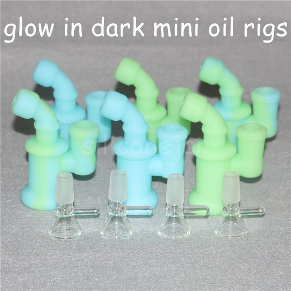 Glow Silicone Bong Narguilés Mini Silicon Dab Rigs Conduites d'eau Bongs 3,85 pouces Bubbler Plate-forme pétrolière Détachable Percolateur incassable Narguilé avec bol en verre