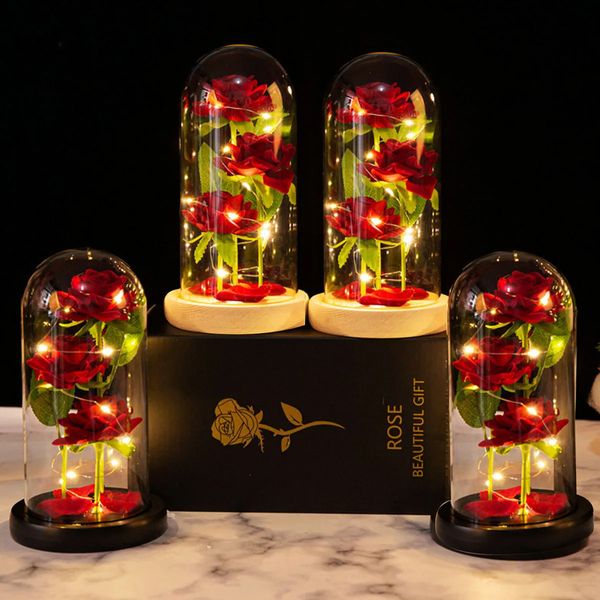 Blows in the Dark Christmas Gift Box Fleurs artificielles Couverture en verre de rose Valentin Cadeau Gold Roses Eternal Love Wedding Decorati 240113