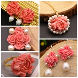 GLSEEVO 925 argent rose corail perles d'eau douce boucles d'oreilles collier bague pour femme mode Simple luxe ensemble de bijoux cadeaux de mariage 240220