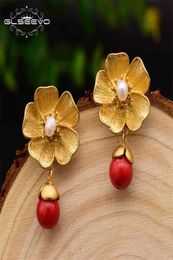 GLSEEVO 925S argent breloque boucles d'oreilles pour femmes naturel eau douce rouge calcédoine perle boucle d'oreille Fine bijoux de luxe GE0041 219335926