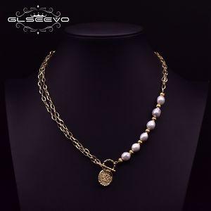 GLSEEVO fait à la main perles d'eau douce 2 couches chaînes asymétrie pendentif collier femmes filles bohême bijoux pour fête GN0196