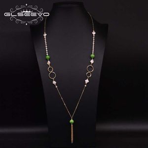 Glseevo handgemaakte natuurlijke zoetwater parel jade lange hanger ketting voor vrouwen trui ketting fijne sieraden collares GN0186