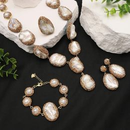 Glseeevo Natural Barroque en forma de barras Pearl Women Jewelry Pulsera Pulsero Conjunto de anillo de arete con incrustaciones de lujo 240511