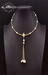 GLSEEVO collier de perles baroques roses d'eau douce naturelles sur le cou femme pendentif pompon fait à la main Style bijoux Vintage GN0274 210929826585080
