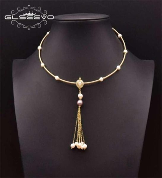 GLSEEVO collier de perles baroques roses d'eau douce naturelles sur le cou femme pendentif pompon fait à la main Style bijoux Vintage GN0274 210929826843987