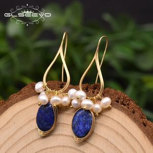 GLSEEVO Natural lapislázuli perla temperamento gota pendientes mujeres niñas fiesta regalo diseño original joyería de lujo GE0988 240125
