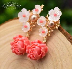 GLSEEVO réel 925 en argent Sterling rose corail boucles d'oreilles goutte blanc perle pierre naturelle coquille fleur balancent GE0024 2106244255440