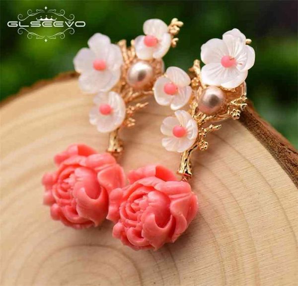 GLSEEVO Plata de Ley 925 auténtica pendientes de gota de Coral rosa perla blanca piedra Natural colgante de flor GE0024 2106244255440