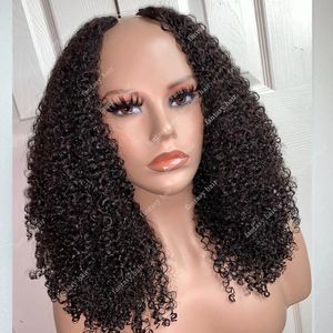 Peluca con parte en V rizada Afro 4a sin pegamento, cabello humano sin procesar con densidad del 250%, pelucas con parte en U para mujeres, partes medias, extremo completo hecho a máquina