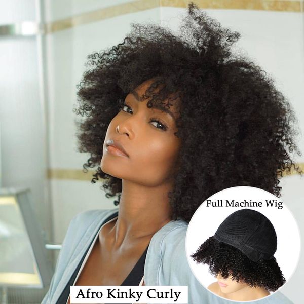 Perruque de cheveux humains afro crépus bouclés sans colle pour femme - Cheveux brésiliens prêts à porter - Volume complet - Kinki Culr - Sans dentelle avec cheveux de bébé - 150 % Denisty - 35,6 cm