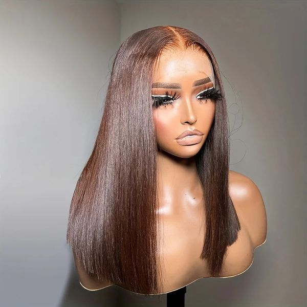 Perruque Bob Lace Front Wig naturelle lisse, sans colle, brun chocolat, coupe courte, 13x4, HD, peau fondue, fermeture en dentelle