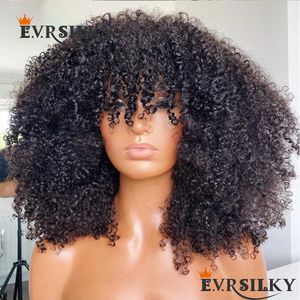 Glueless Fringe Wigs Afro Kinky Curly Full Machine Made Pruiken met pony 250 DENSITY HUSH HAAR Pruik voor vrouwen Braziliaans Remy