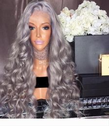 Perruques de cheveux humains pleine dentelle sans colle avec cheveux de bébé pré-cueillis gris vague de corps brésilien vierge cheveux dentelle Wigs7057928