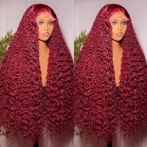 Perruque Lace Frontal Wig naturelle bouclée rouge sans colle HD, cheveux humains Go 99J bordeaux Deep Wave, 13x4, pour tenue de femme